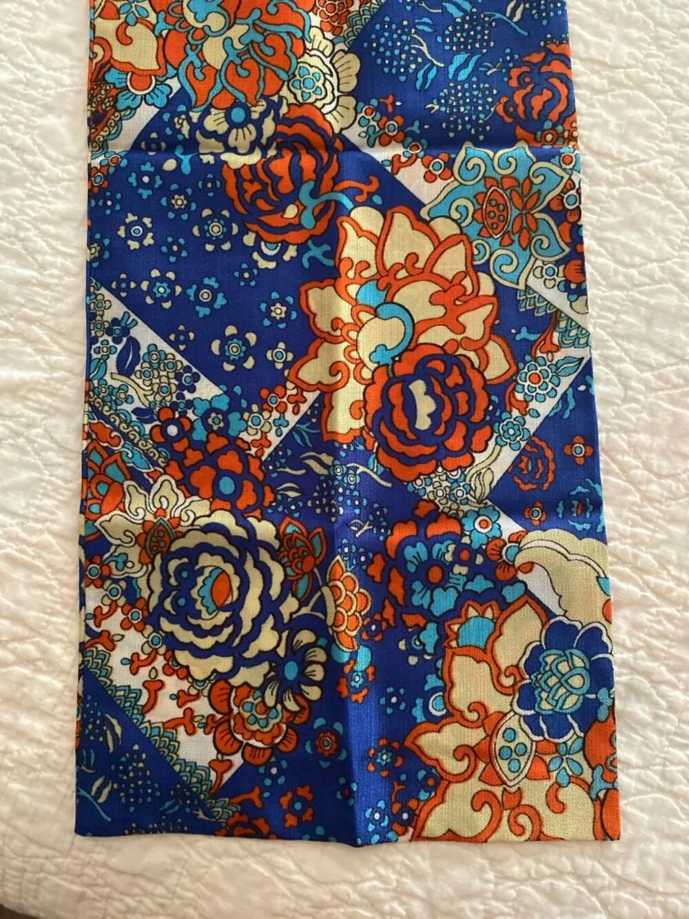 VINTAGE Floral Print Fashion Scarf - Colorful Blue Orange Turquoise Cream Scarf